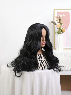 Black Color Long Wavy Synthetic Hair Wigs For Women
