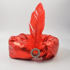 HT070 India Genie Turban Hat With Feather - Red Sudanese Prince Hat, King's Hat, Chief's Feather Headband, Indian A-scarf Hat