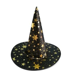HT101 Black & Gold Stars Wizard & Witches Pointed Hat Halloween Fancy Dress Accessory Magician's Hat