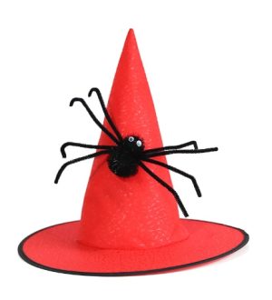 HT106 Red Witches Pointed Hat with Spooky Spider Halloween Fancy Dress Accessory Patterned Non-woven Fabric Spider Hat