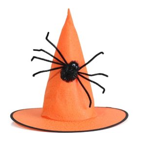 HT107 Orange Witches Pointed Hat with Spooky Spider Halloween Fancy Dress Accessory Patterned Non-woven Fabric Spider Hat