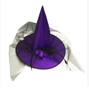 HT113 Flowered Purple Witches Pointed Hat with Net Veil Halloween Fancy Dress Accessory Masquerade Witch Hat Costume