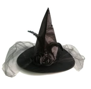 HT114 Flowered Black Witches Pointed Hat with Net Veil Halloween Fancy Dress Accessory Masquerade Witch Hat Costume