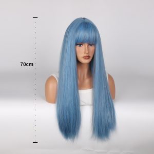 LA0009A 70cm long straight wig in mermaid blue, with a synthetic fiber woven wig set