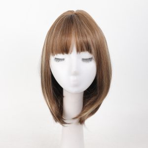 LA0049 Ladies' wig, short bangs, collarbone hair, synthetic fiber hair, j gradient brown and gold