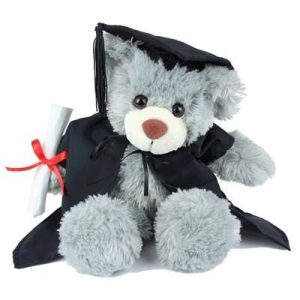 AM0026 GRADUATION TEDDY BEAR. Grey Fur Teddy Bear Dressed with Mortar Board,