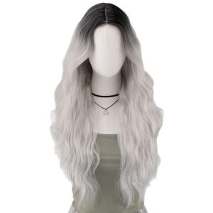 LA0038 New long curly hair wig, gradient grey, grandma grey, whitening full wig, high-temperature silk, simulated air bangs wig for women
