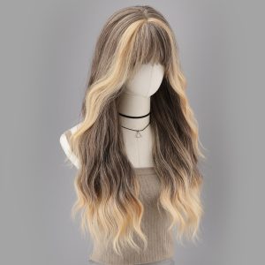 LM0033 Sweet and cool girl bangs wig, small lace, high-level linen gradient water wave long curly hair cover for women
