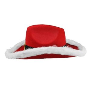 HT198 Western Style Cowboy & Cowgirl Hats - Light-Up Christmas Artificial Fur-edged jockey Cap Santa Claus Hat