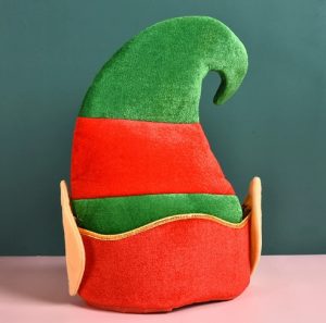 HT217 Christmas Elf Curved Point Hat with Ears Newly Designed Printed Santa Claus Hat, Thickened Christmas Hat