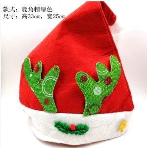 HT237 Santa Hat with Green Reindeer Antlers Felt Embroidered Adult High-end Christmas Hat
