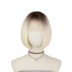 LA0077 A new style of wig for a mature woman in the queue at the dance party, featuring a platinum gradient, black tea gold, straight bangs and a Bob hairstyle