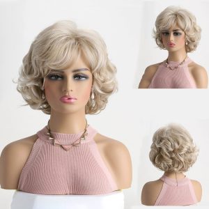 LA0066 Women's wig with side-swept bangs, short curly hair, fluffy synthetic fiber strands, and a light gold synthetic wig for women