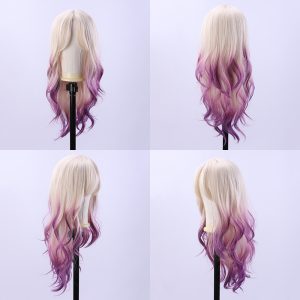 LA0080 Colorful wig, women's Hair, beige dyed purple, long wavy bangs, synthetic fiber Wigs full head cover