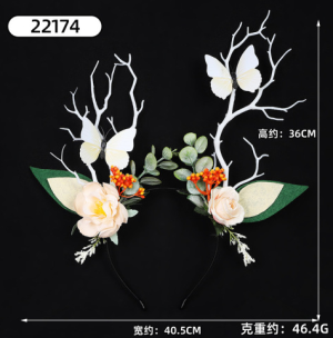 H0027 Woodland Antler Headband with Cream Roses, White Butterflies & Orange Berry Foliage
