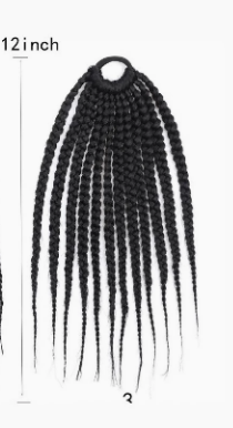 HW010 12 Inch Black Box Braids Ponytail Hair Tie, Hand Woven Thin Three Strands Braided Hair Extensions Scrunchie for African American Women